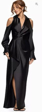XSCAPE Women’s Black Satin Cold Shoulder Collared Long Sleeve Gown Sz 8 MSRP$289 picture