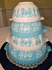 Set Of 4 Vtg Pyrex Turquoise Cinderella Amish Butterprint Nesting Mixing Bowls + picture