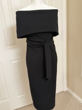 VICI Black Off Shoulder Bodycon Midi Dress Front Tie Foldover Neckline Size L picture