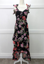 Speechless Black Pink Floral Ruffled Hem High Low Maxi Cold Shoulder Dress Sz M picture