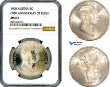 AM559, Austria, Franz Joseph, 5 Corona 1908, Vienna Mint, Silver, NGC MS63 picture