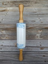Antique Blue & White Stoneware Rolling Pin Hand Carved Wood Handles 15” picture