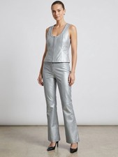 Cache Women Vintage Y2K Metallic Silver Leather Vest Pants Matching Set Suit 8 picture