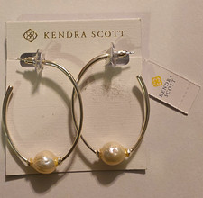 Kendra Scott Hoop Earrings Gold Tone White Round Pearl Butterfly Closure picture