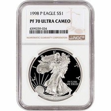 1998-P Proof American Silver Eagle One Dollar Coin NGC PF70 Ultra Cameo picture