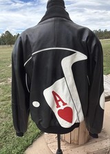 Vintage Tonio 1980s  Ace of Hearts Leather Bomber Jacket Mens Large Poker Cards picture