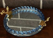 Vintage Italian blue Victorian Mirror Vanity Tray with Fish/Dolphin Handles picture