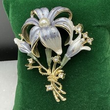 Vintage Floral Lily Bouquet Brooch Enamel Faux Pearls Gold Tone Blue Enamel picture