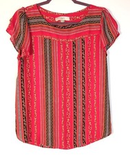 Ann Taylor LOFT Blouse Womens S Red Floral Stripe Petal Sleeve Relaxed Fit picture