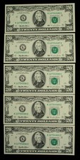 5 Consecutive 1995 $20 FRN US Federal Reserve Notes - FR2082K - UNC - SKU-CA2343 picture