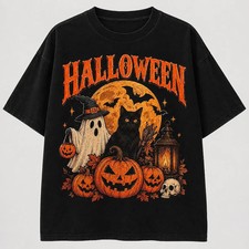 Vintage Halloween Black Cat Graphic Tee, Spooky Witchy Pumpkin picture