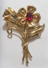 1930s antiq sterling silver gold vermeil floral brooch faux ruby gem stone 53647 picture