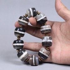 Old Himalayan Nepali Tibetan Indo Strip Chung Dzi Black White Prayer Amulet Bead picture