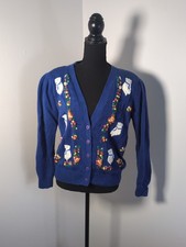 Vintage Margules Knit Cardigan Blue With Floral Embroidery, White Bears Women M picture