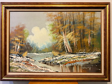 VTG MCM Large Framed Oil Painting Landscape Wooded River Forest H. Rocky 24x36 picture