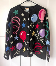 Vintage Talbots Women's Hand Knit Party Button-Front Cardigan Sweater Stars M picture