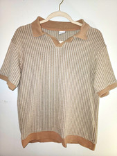 ZARA Y2K Striped Rib-Knit Collared Short Sleeve Tunic Sweater Top Beige/White S picture