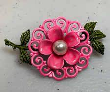 Vintage Pink Enamel Flower Brooch Mod Pearl Leaf 1960s Retro Pin picture