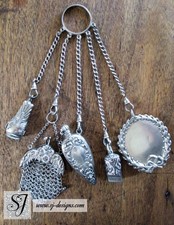 c1890 sterling silver ring / dance chatelaine 5 accessories cigar cutter whistle picture