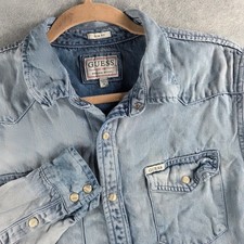 Guess Denim Shirt Mens Medium Light Blue Slim Fit Western Pearl Snap Long Sleeve picture