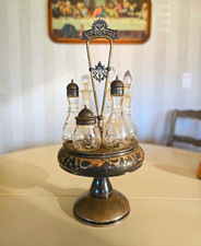 Antique Victorian Cruet Set 7-Piece w/ Silver Metal Caddy Stand, Floral, 17 in picture