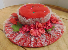 Vtg Velvet Red Hat Pin Cushion w/ Flowers & Ribbon 6.25