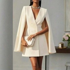 Elegant Cape Blazer Mini Dress For Women, Luxury Double-Breasted V-Neck Formal D picture