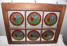 VINTAGE HAND PAINTED TULIPS FLOWERS FAUX STAINED GLASS HANGING WINDOW ART DECO picture