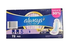 Always Ultra Thin Unscented Overnight Pads Flexi Wings Size 5 Jumbo Pack 72 Pads picture
