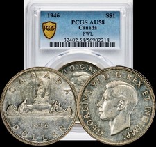 Key Date 1946 Canada George VI Full Water Line Silver Dollar Coin PCGS AU58 FWL picture