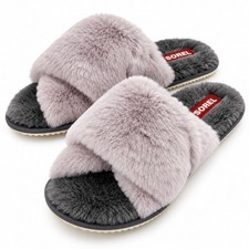 SOREL Go Mail Run Slippers Womens 8 Gray Lilac Faux Fur Plush Slide Shoes picture