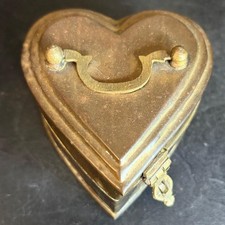 Vintage Brass Heart Shaped Trinket Box Hinged Lid Handle Jewelry Keepsake Case picture