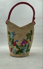 STAUD Moreau Raffia Floral Embroidered Bucket Shoulder Bag Red Leather picture