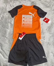 PUMA Boys Size 5 Outfit Set 2pc Orange Gray Mesh Logo Tee & Shorts picture