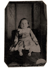Antique 1870s 1/6 Plate Tintype Young Child Great Dress TOYS WOOD RATTLES picture
