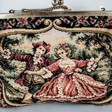 Antique 1921's French Embroidered Figurines Floral Clutch Women Clutch Purse picture
