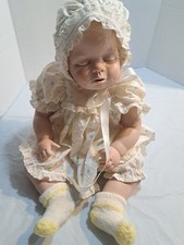 Vintage Porcelain Baby Doll Handmade 1980s Sleeping Baby Bonnet Blonde Hair picture