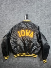 Vintage 1980s Aristo Jac Iowa Hawkeyes Satin Bomber Jacket Medium Black Snap USA picture