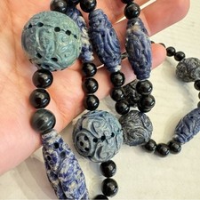 HEAVY Vintage Chinese Shou Design Carved Lapis Lazuli Beaded Necklace 25