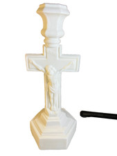 Antique c1900 Milk Glass Crucifix Candlestick INRI Jesus Cross Altar 11 5/8