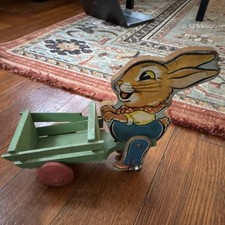 Vintage 1930's N.N. Hill Brass Co. East Hampton CT Wooden Rabbit Pull Toy Cart picture