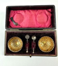 Antique Victorian Sterling Silver Gilt Salt Cellars & Spoons Set, Cased, Birming picture