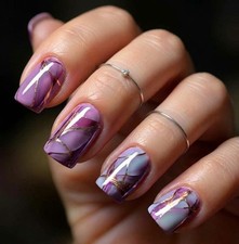 24Pcs Purple Striped Press On Nails Mid Length Almond Glossy Fake Nail Stickers picture