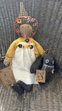 OOAK PRIMITIVE HAPPY FALL WITCH DOLL WITH BAT. picture