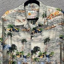 Lucky Beach Hula Wear Shirt Mens XL Paradise Found Rayon Hawaiian Scenic Print picture