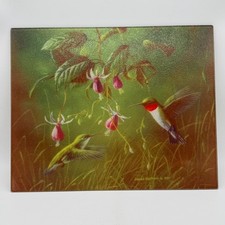 Vintage 1997 James Hautman Glass Cutting Board Hummingbird Fuchsia Flower 15.5