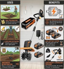 Upgraded Cordless Tiller for Gardening with Dual 2.0Ah Batteries, 48 Steel Tines picture