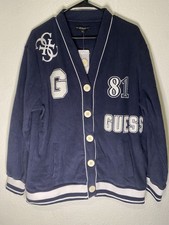NWT Guess Jeans Varsity Patch Fleece Cardigan Jacket Blue White Women's Small picture