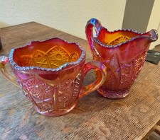 Vintage Marigold Carnival Glass Creamer & Sugar Bowl Set – Iridescent Glass picture