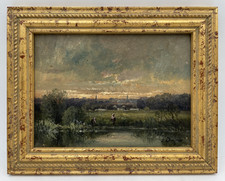 Antique French Barbizon Oil Painting Sunset Pond Landscape Signed 1800s picture